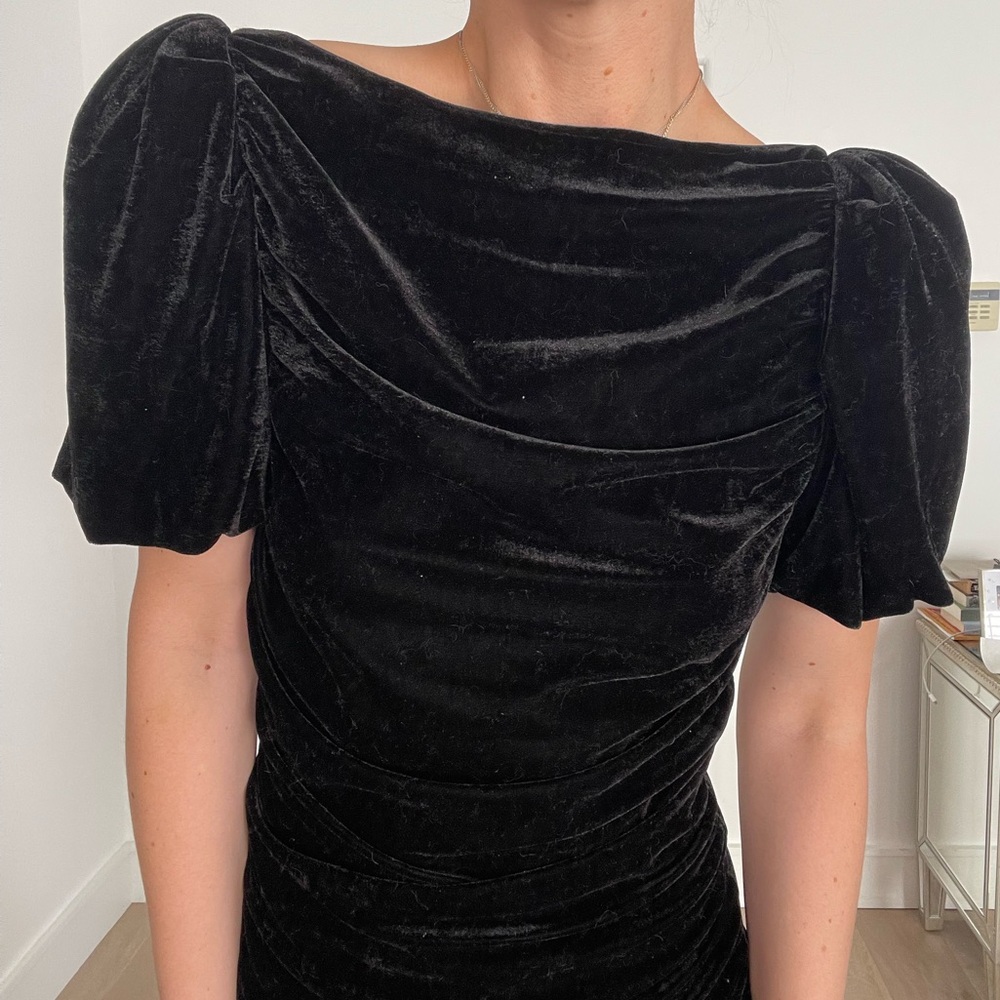 Mango Black Ruched Sheath Dress Puff Sleeves